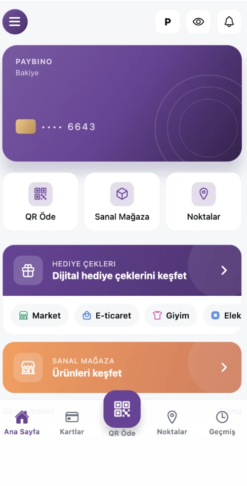 Paybino uygulaması ana sayfa: bakiye kartı ve kısayollar