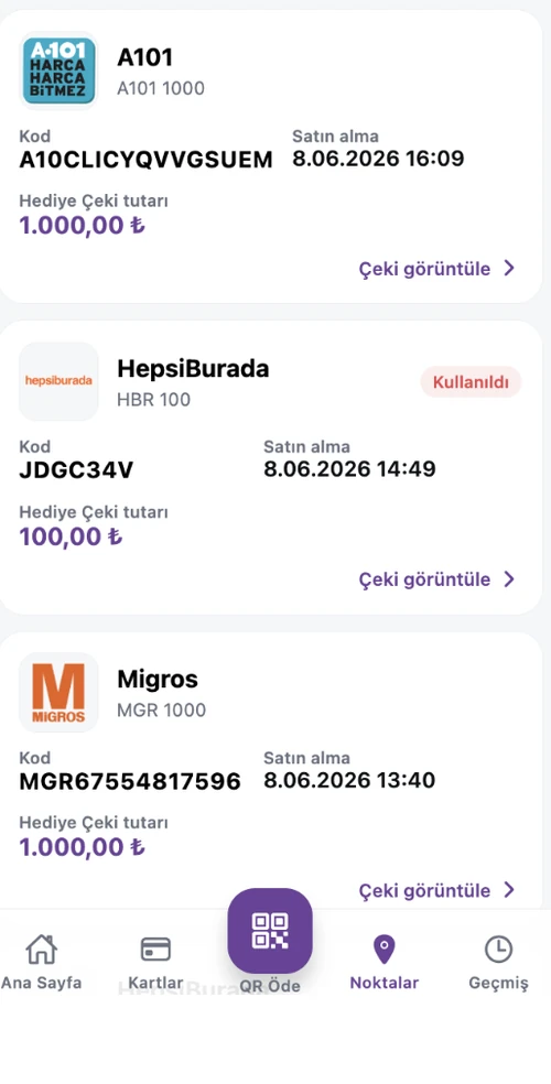 Paybino uygulamasında satın alınmış hediye çekleri